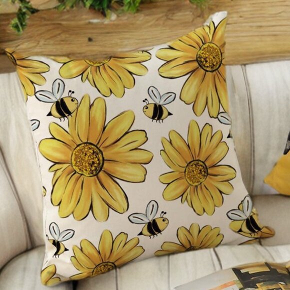 Honey Bee Decorative Pillow Covers Spring Floral Decor Yellow Accent Throw Cases - Picture 2 of 6